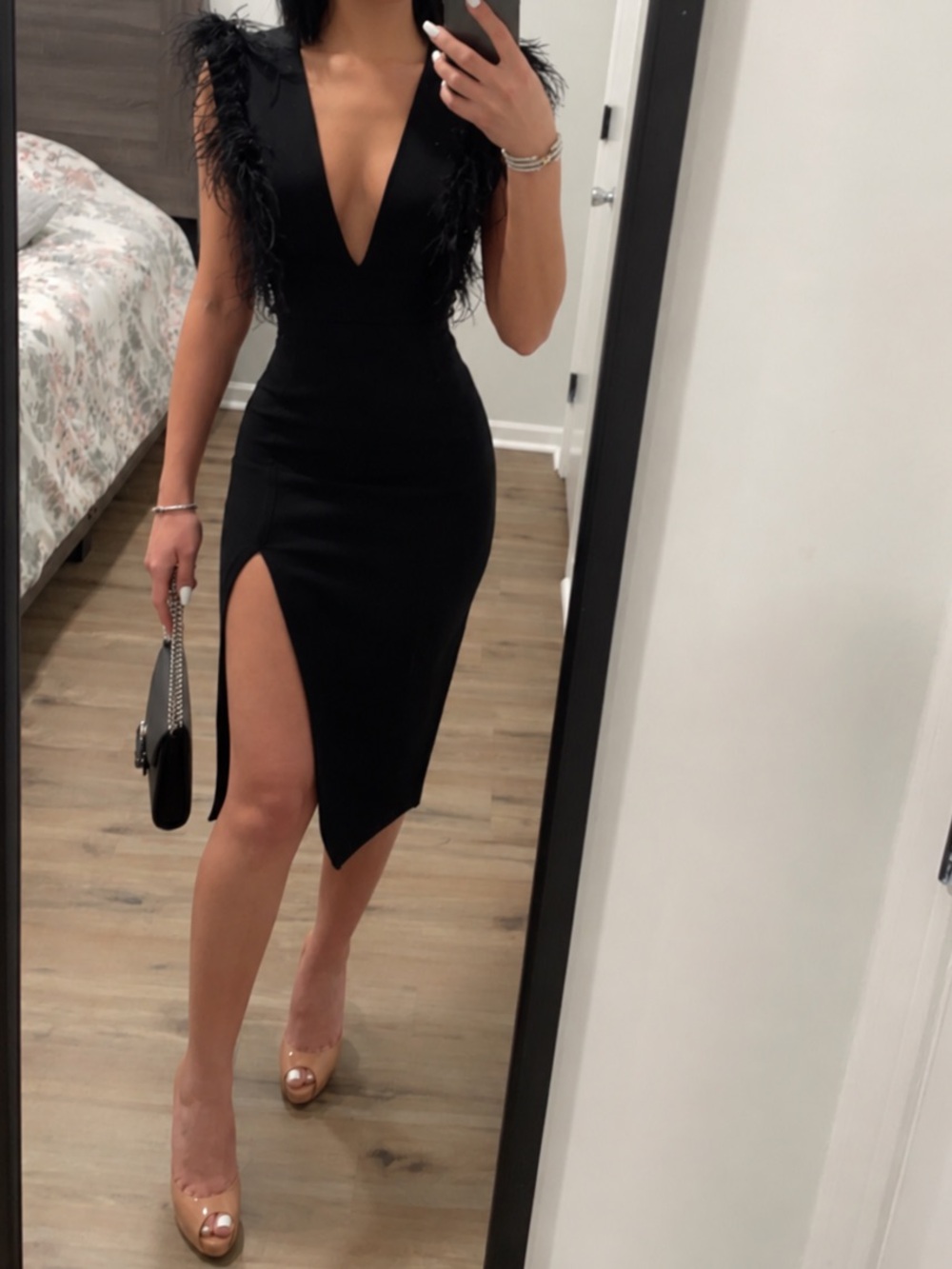 Fashion Nova Black Feather-Trim Deep V Midi Dress